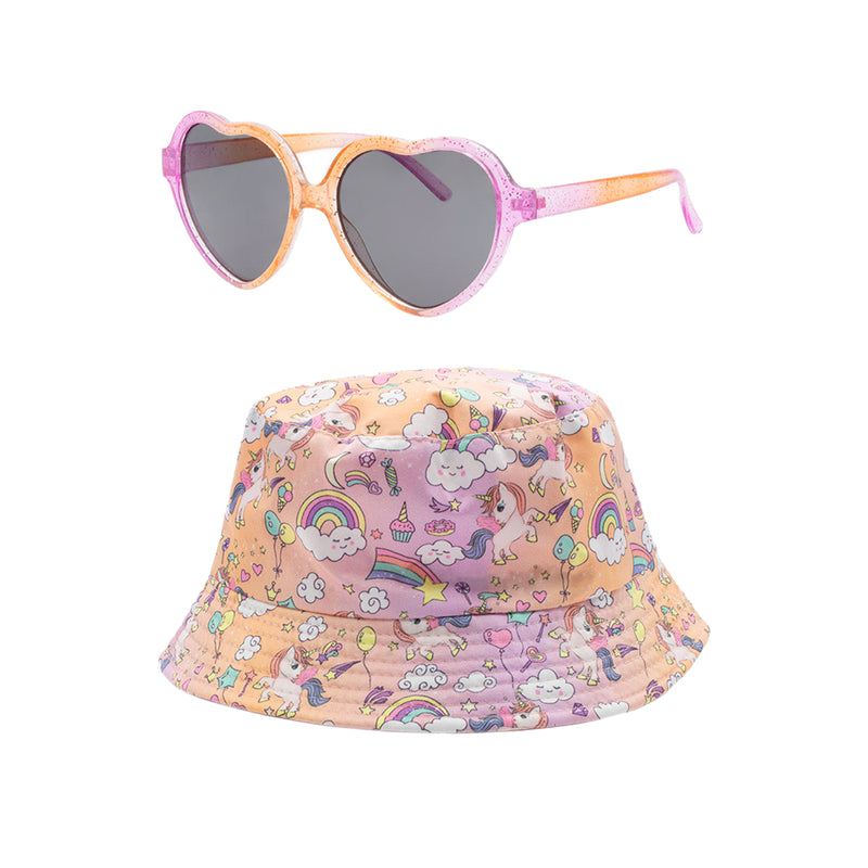 Heart Rainbow Sunglasses with Unicorn Colorful Bucket Hat
