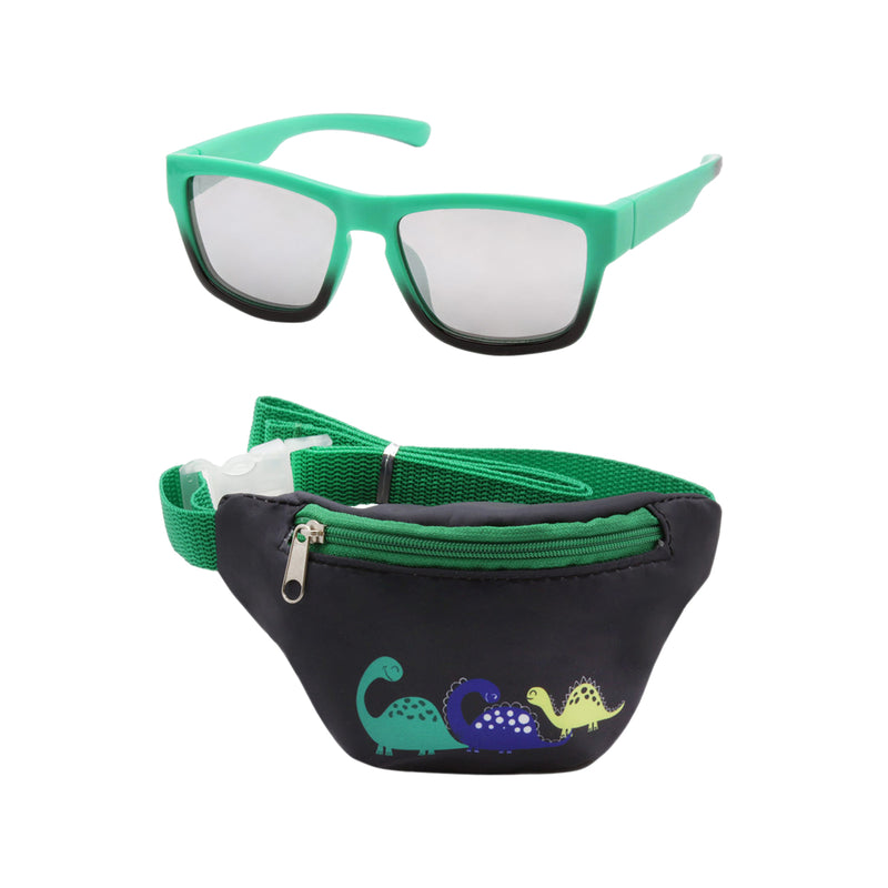 Kids Black/Green Sunglasses Dino Fanny Pack Zipper Case