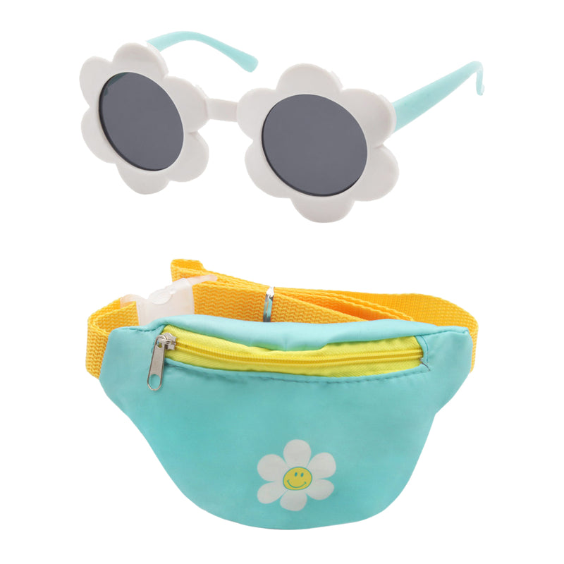 White Flower Sunglasses with Green Fanny Pack Zipper Case